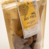 Side shot of 'Bee-free vegan honeycomb'. Brown and clear packet. Yellow label