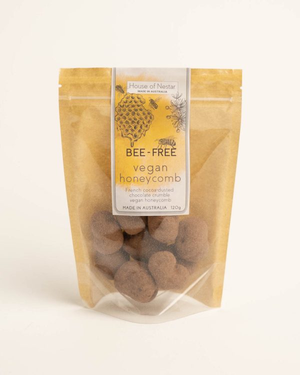 Front shot of 'Bee-free vegan honeycomb'. Brown and clear packet. Yellow label